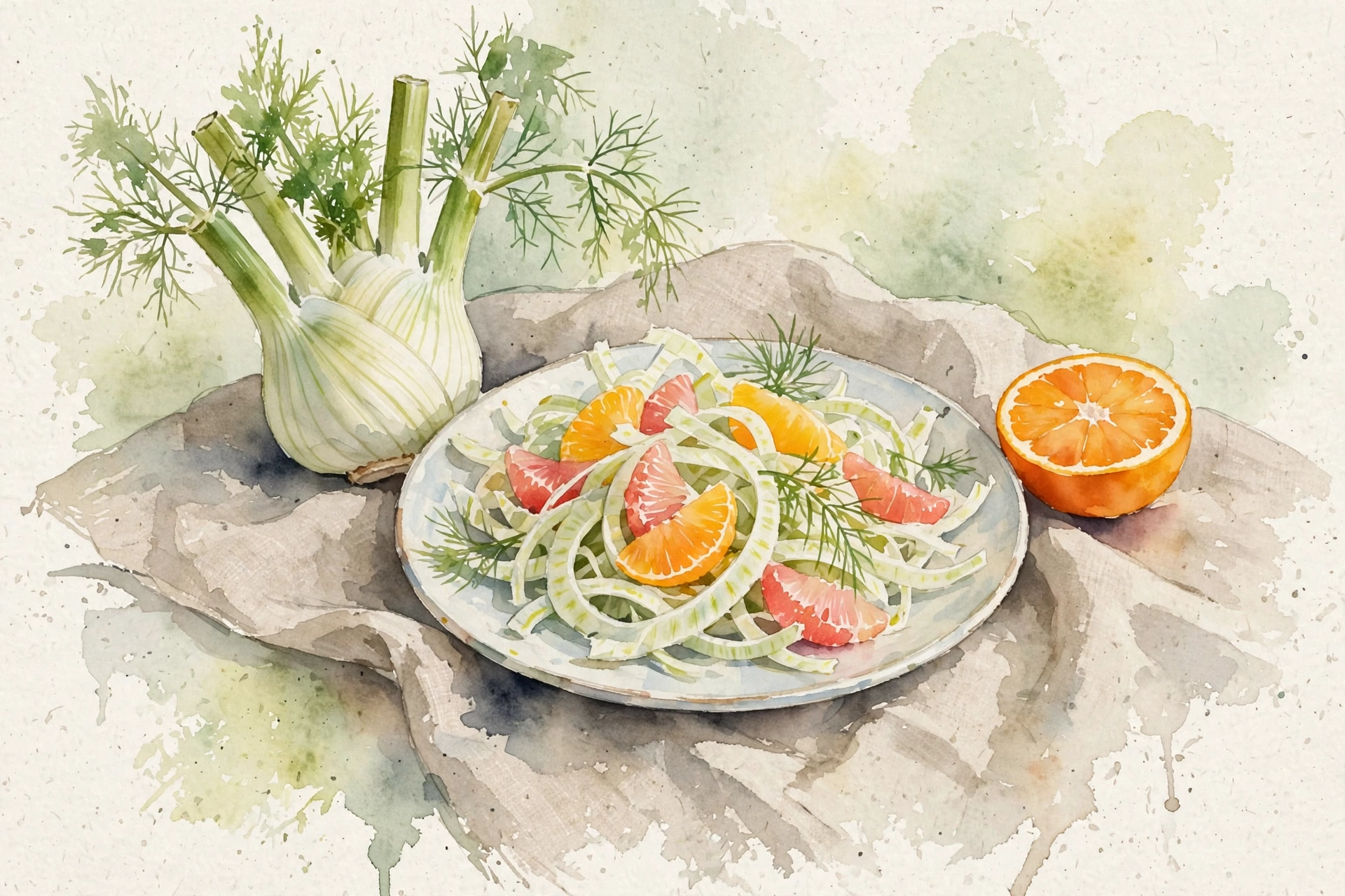Watercolor still life — a plate of shaved fennel ribbons with orange and grapefruit segments, a whole fennel bulb and a halved orange beside it