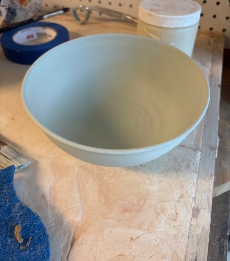 Bowl — a pale aqua bowl on the bench, waiting for the fire
