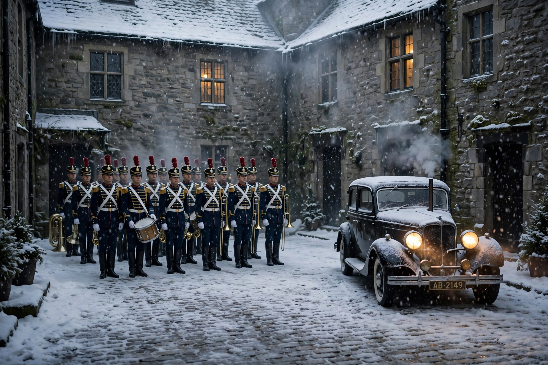 A marching band beside a vintage car in a snow-covered stone courtyard