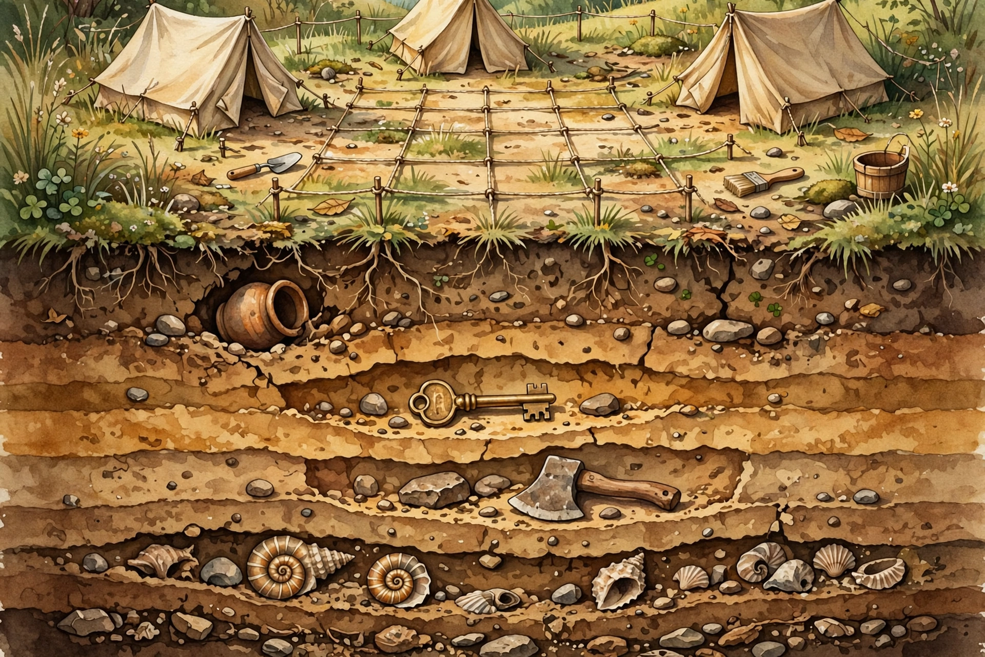 A painted cross-section of an archaeology dig: tents and a string grid on the surface, and layers of earth below holding a clay pot, a brass key, a stone axe and fossil shells