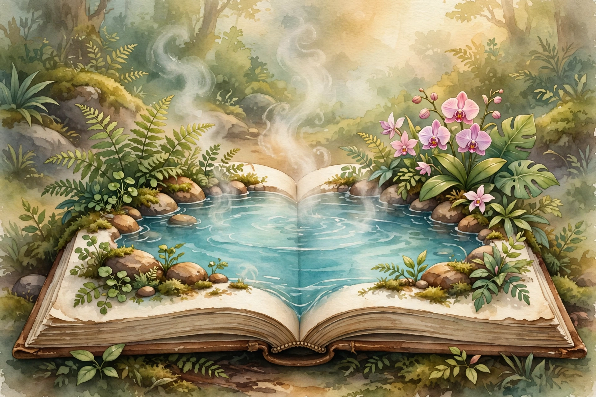 A painted open book whose pages hold a steaming turquoise hot spring, ringed with warm stones, ferns and orchids