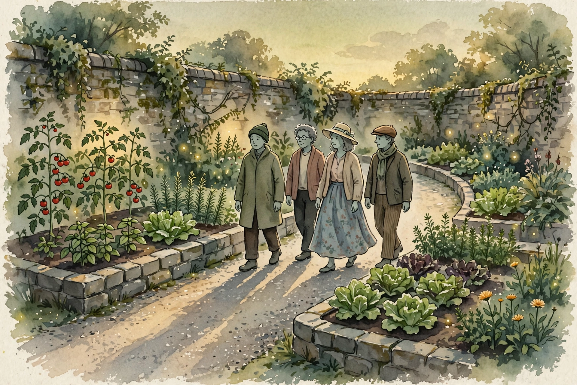 Watercolor painting — the garden's residents strolling the path at dusk between the tomato and lettuce beds, in ordinary coats and hats, unhurried, as the first fireflies come out