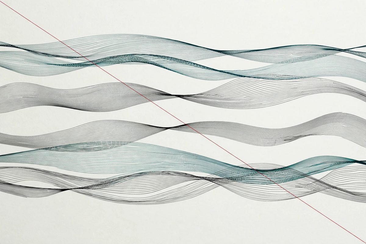 Fine waveform lines in black and deep teal crossed by a single red thread line