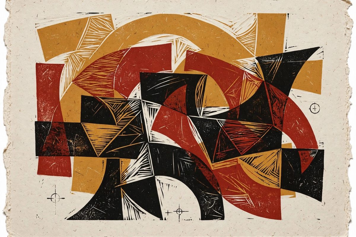 A bold woodcut-style print in ochre, rust red and black with sweeping arcs and registration marks
