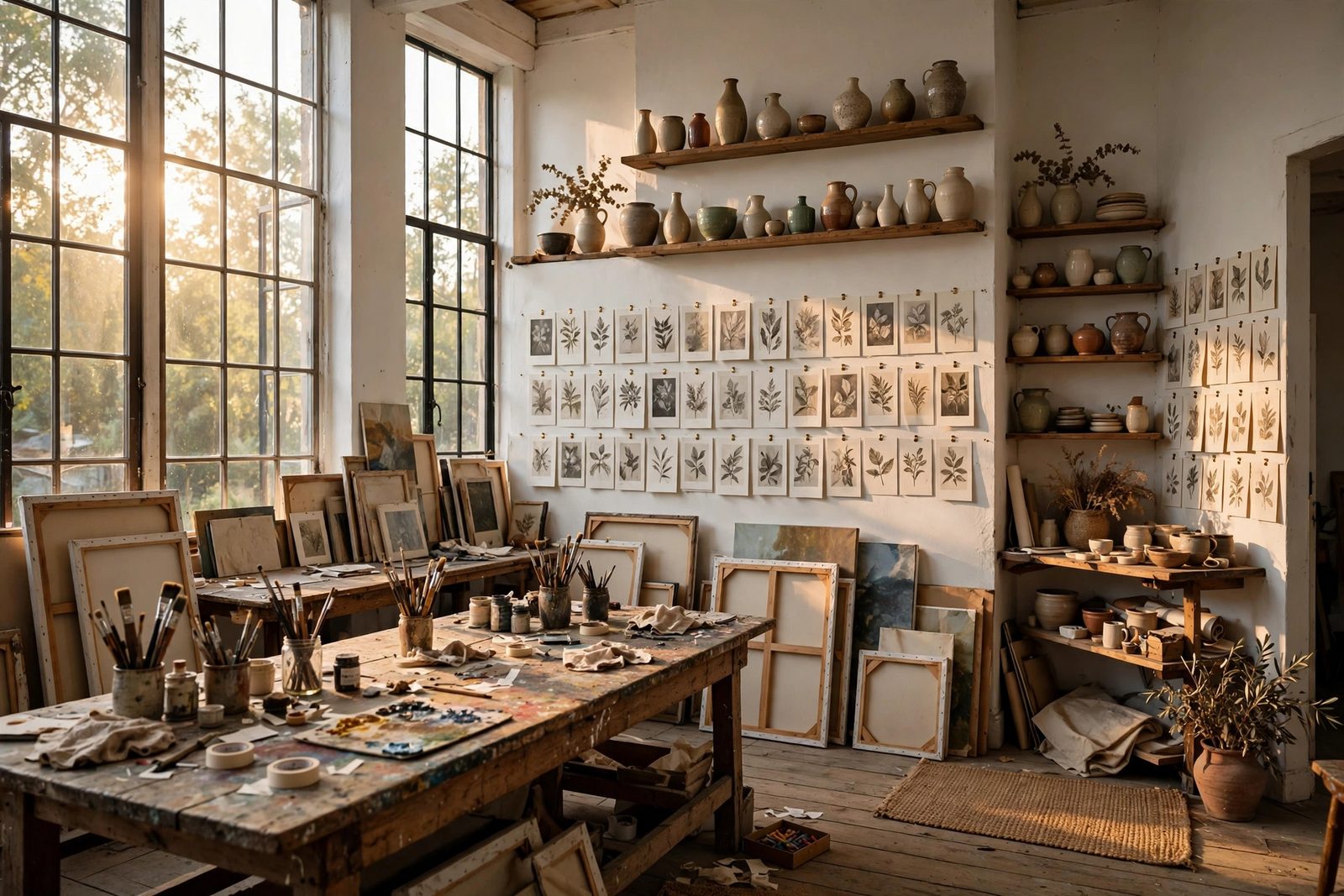 The residency studio in late-afternoon light — work tables, shelves of ceramic vessels, and rows of botanical prints pinned to the wall
