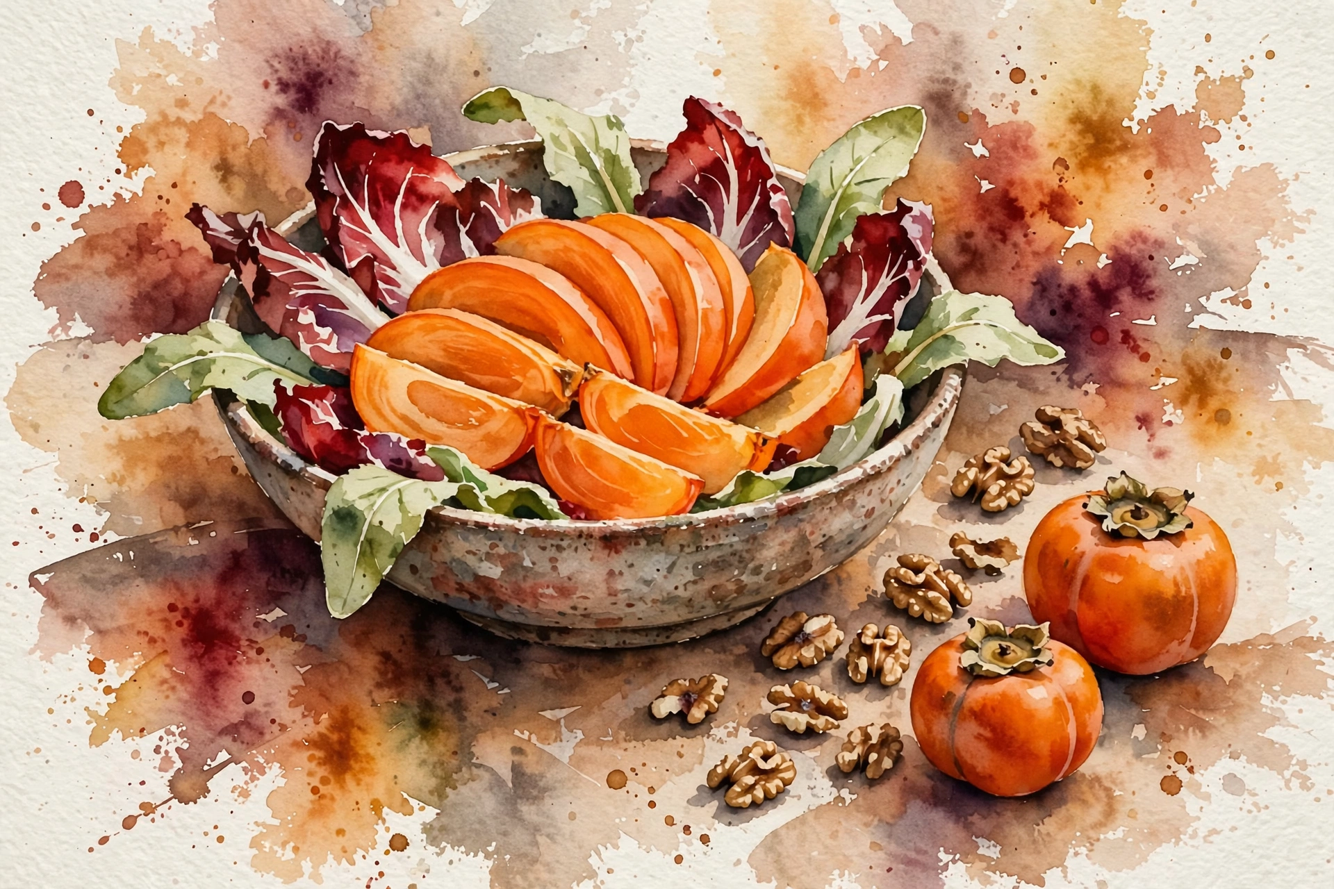 Watercolor still life — a bowl of sliced orange persimmon fanned over deep red chicory leaves, with whole persimmons and toasted walnuts on the table
