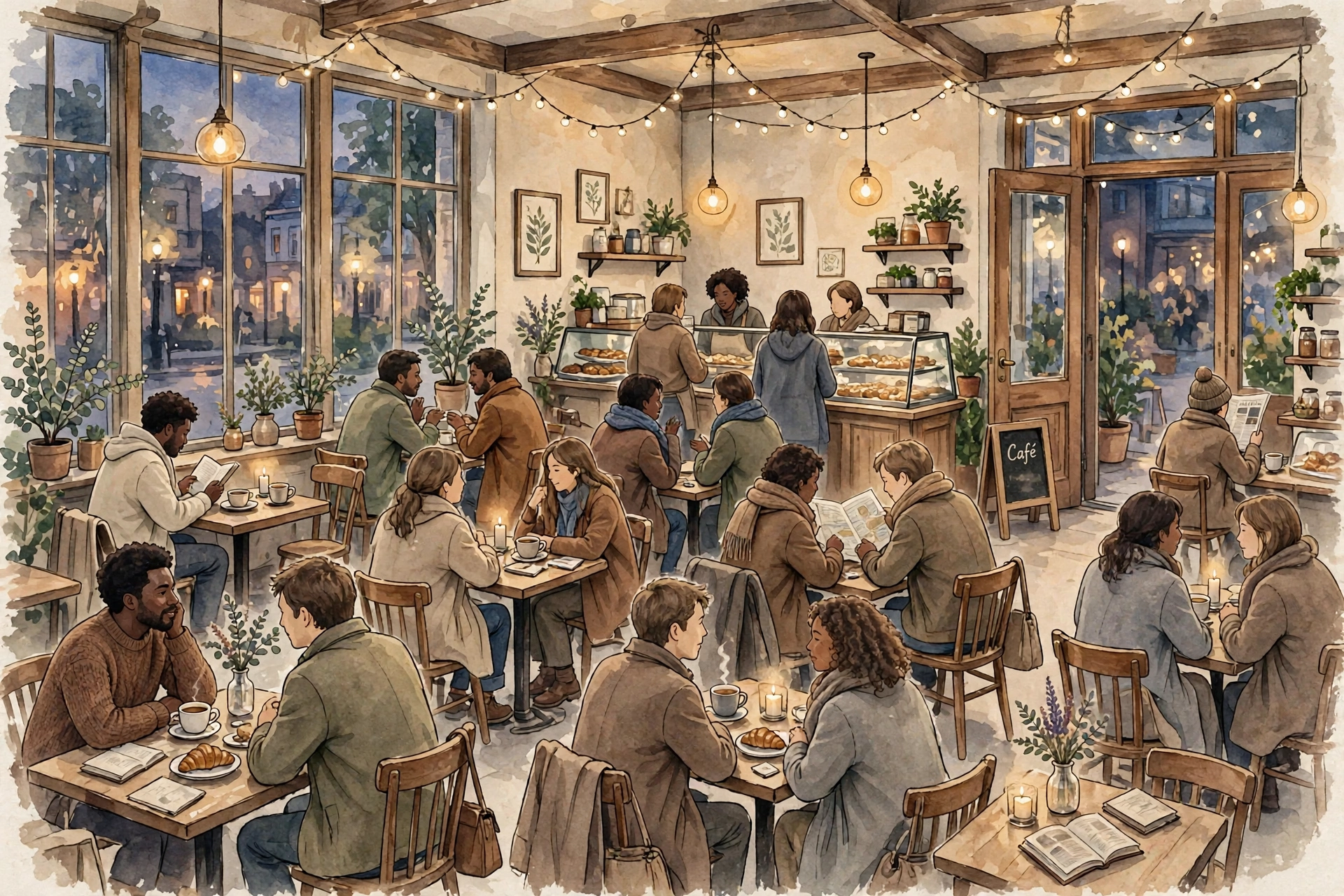 A warm café at dusk, many people of many skin colors at small tables, talking, reading, and drinking coffee.