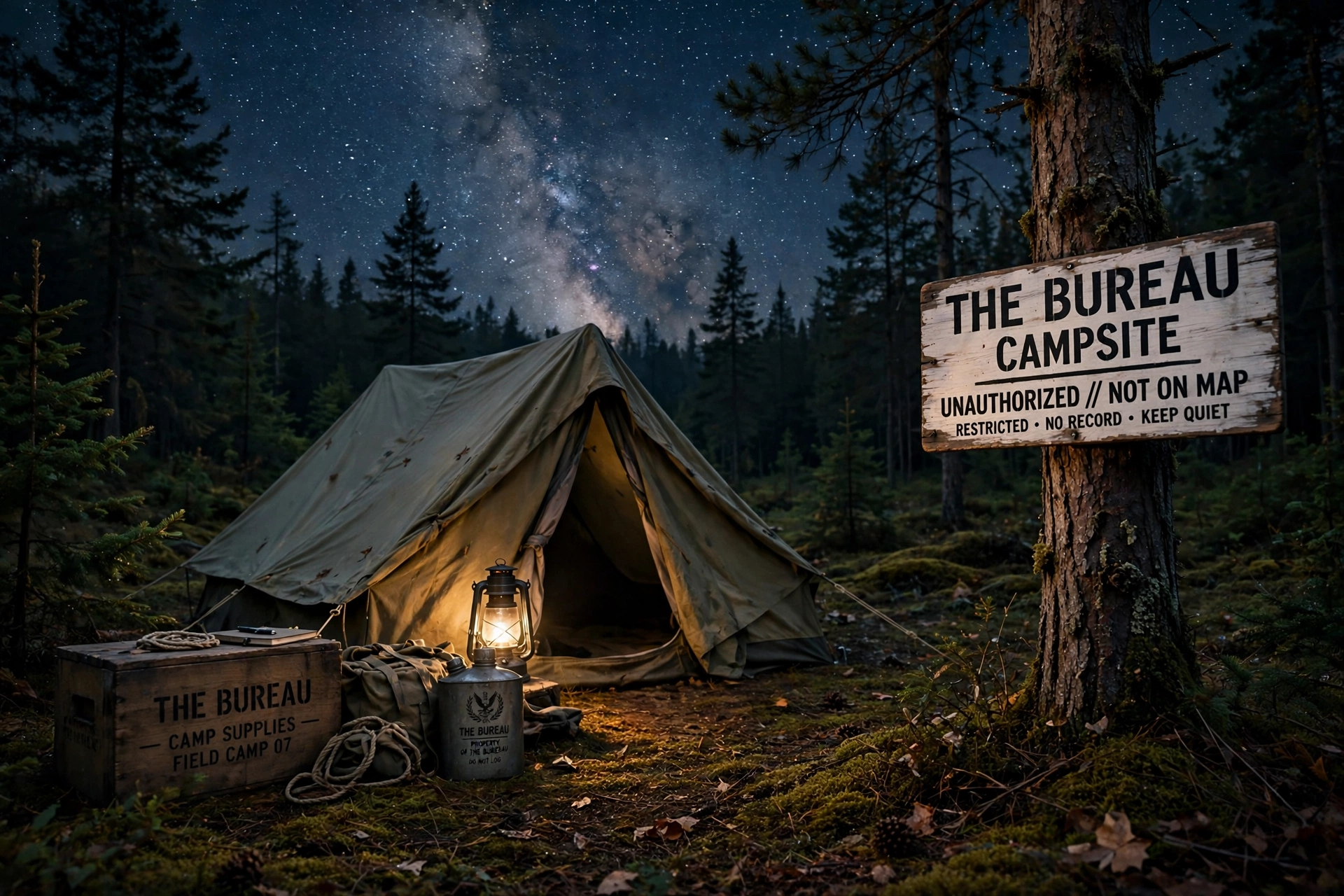 A canvas tent and lantern beneath a field of stars in a silent forest