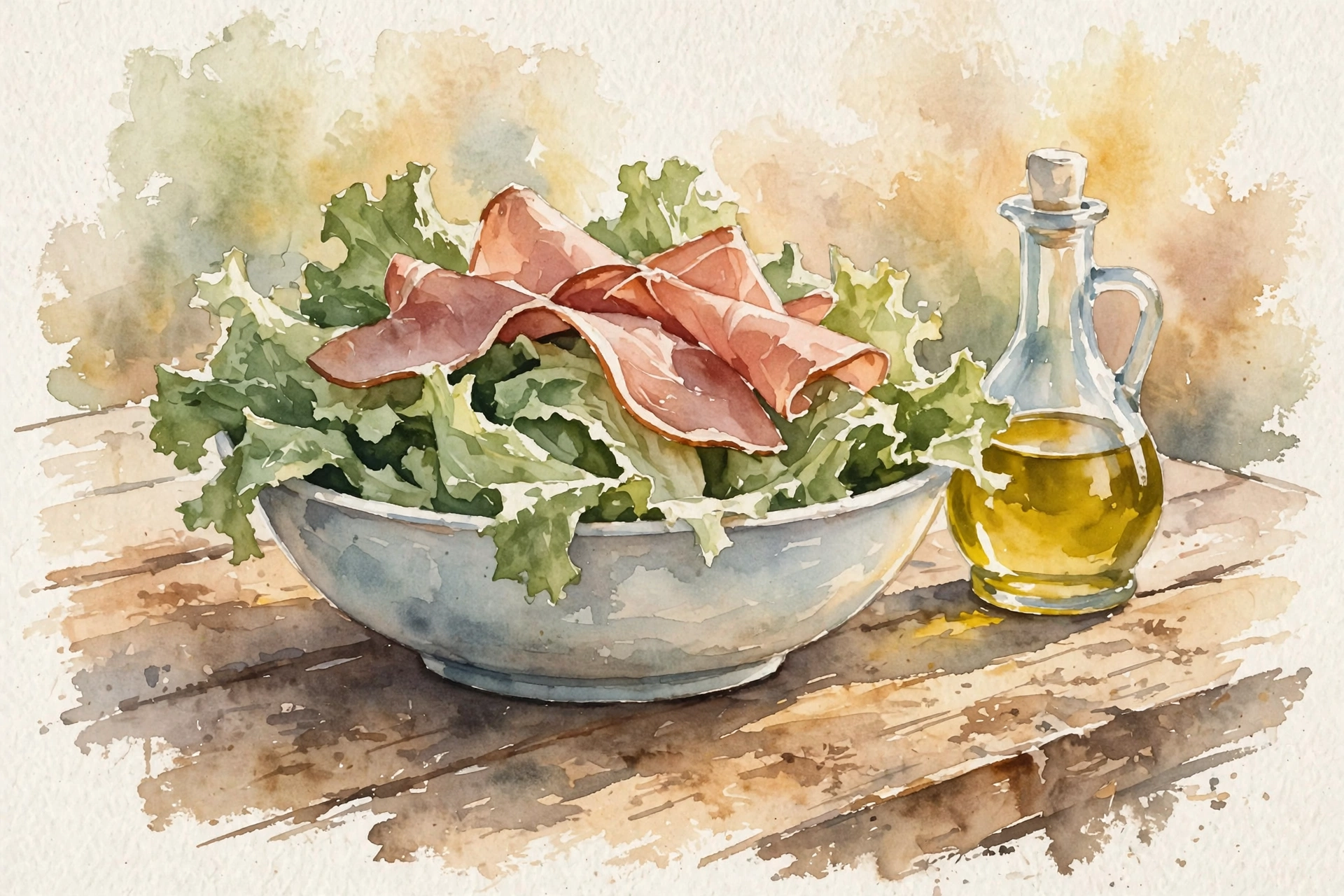 Watercolor still life — a bowl of torn green lettuce with slices of ham laid over the top and a glass cruet of olive oil beside it, on a wooden table