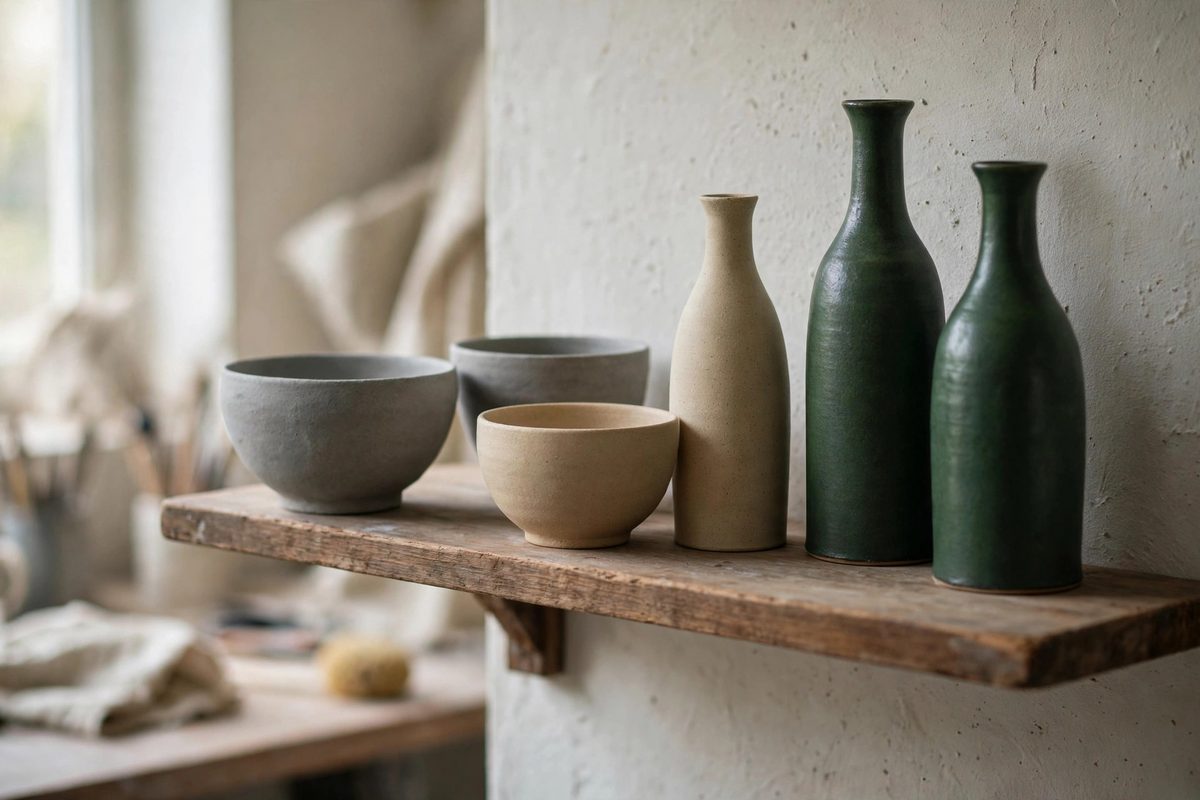 Handmade stoneware vessels in grey, sand and deep green glazes on a wooden shelf