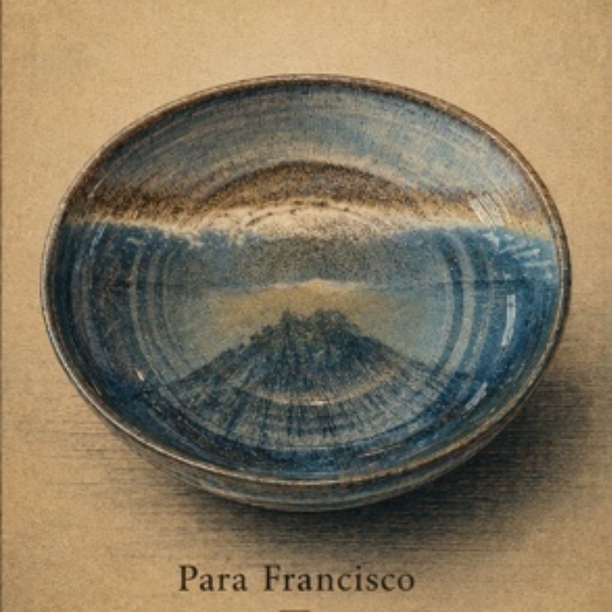 Francisco's bowl — a wide blue bowl on tan paper, layered blues and white like a horizon, a mountain held in it
