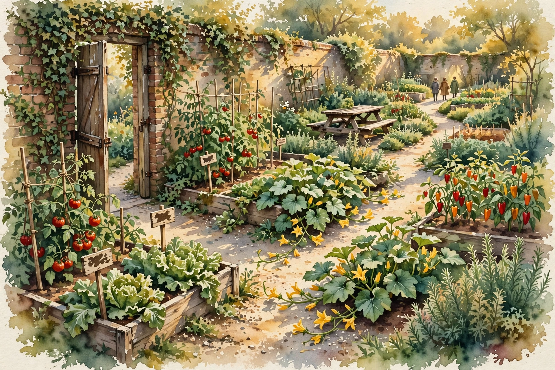 Watercolor painting of the Secret Garden — the wooden gate standing open in an ivy-covered brick wall, a gravel path winding between full raised beds of tomatoes, lettuce, peppers, squash and herbs, a picnic table in the middle, and small figures strolling far down the path in golden light