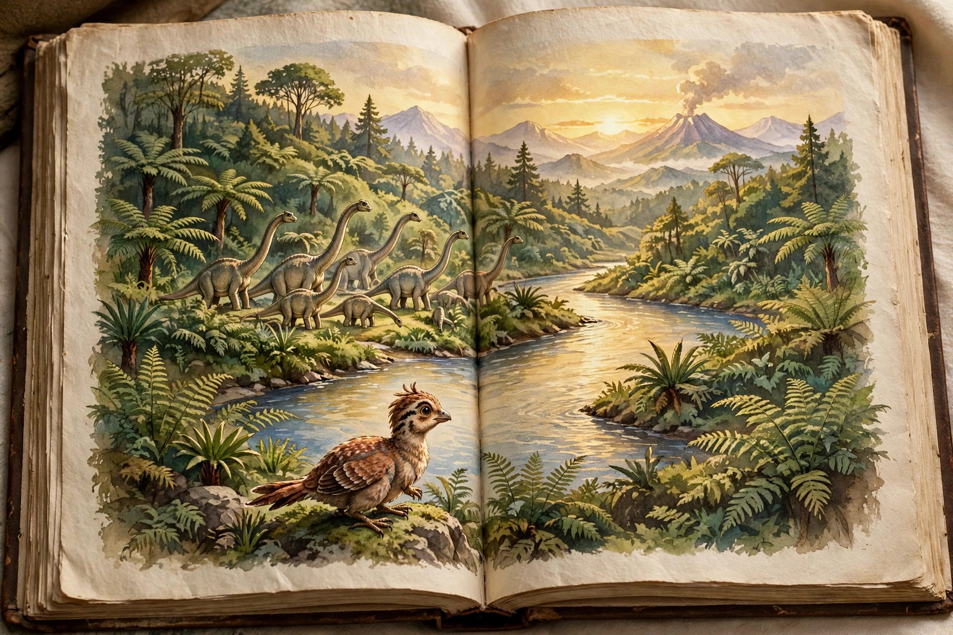 A painted open book showing a river valley with a herd of long-necked dinosaurs, fern forests, and a small feathered dinosaur in the foreground