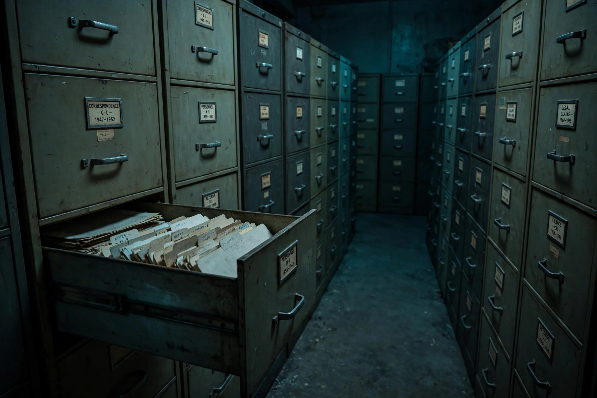Rows of old metal archive drawers under dim light, with one drawer open