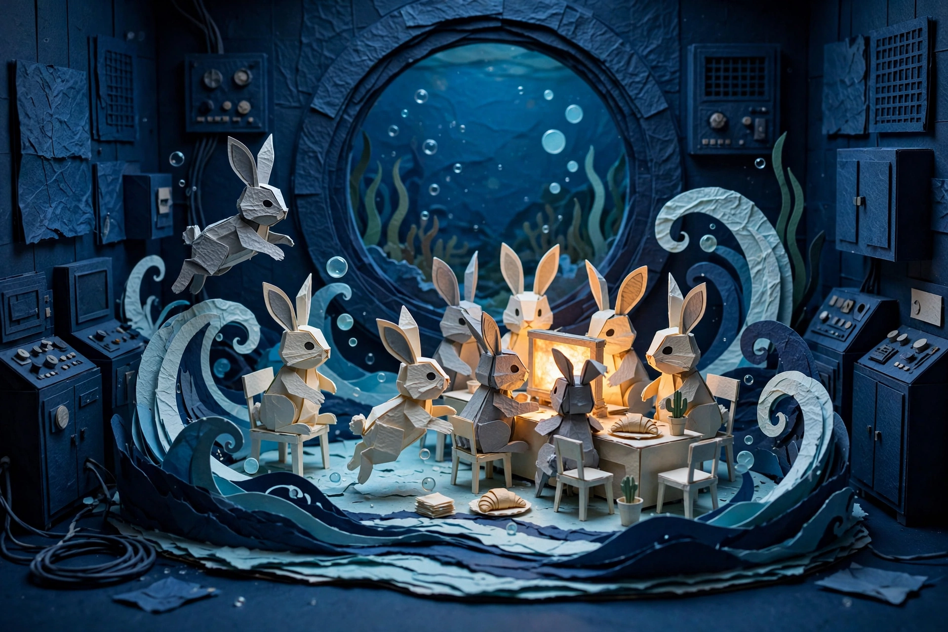 Paper bunnies gathered around a small glowing screen in the deep-blue media water room, paper waves curling around their café table