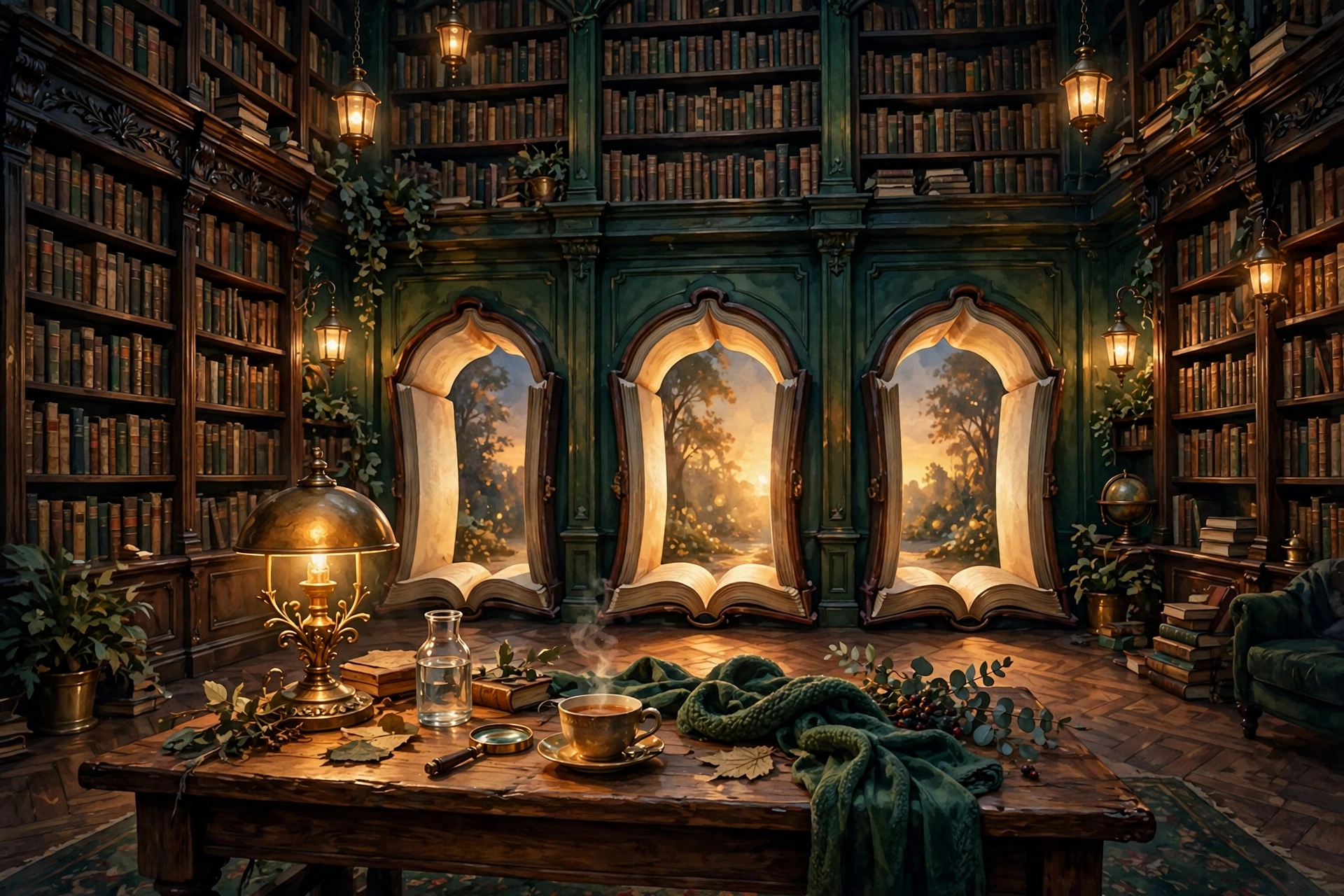 A painted library with tall shelves and three doorways shaped like open books, glowing with warm light