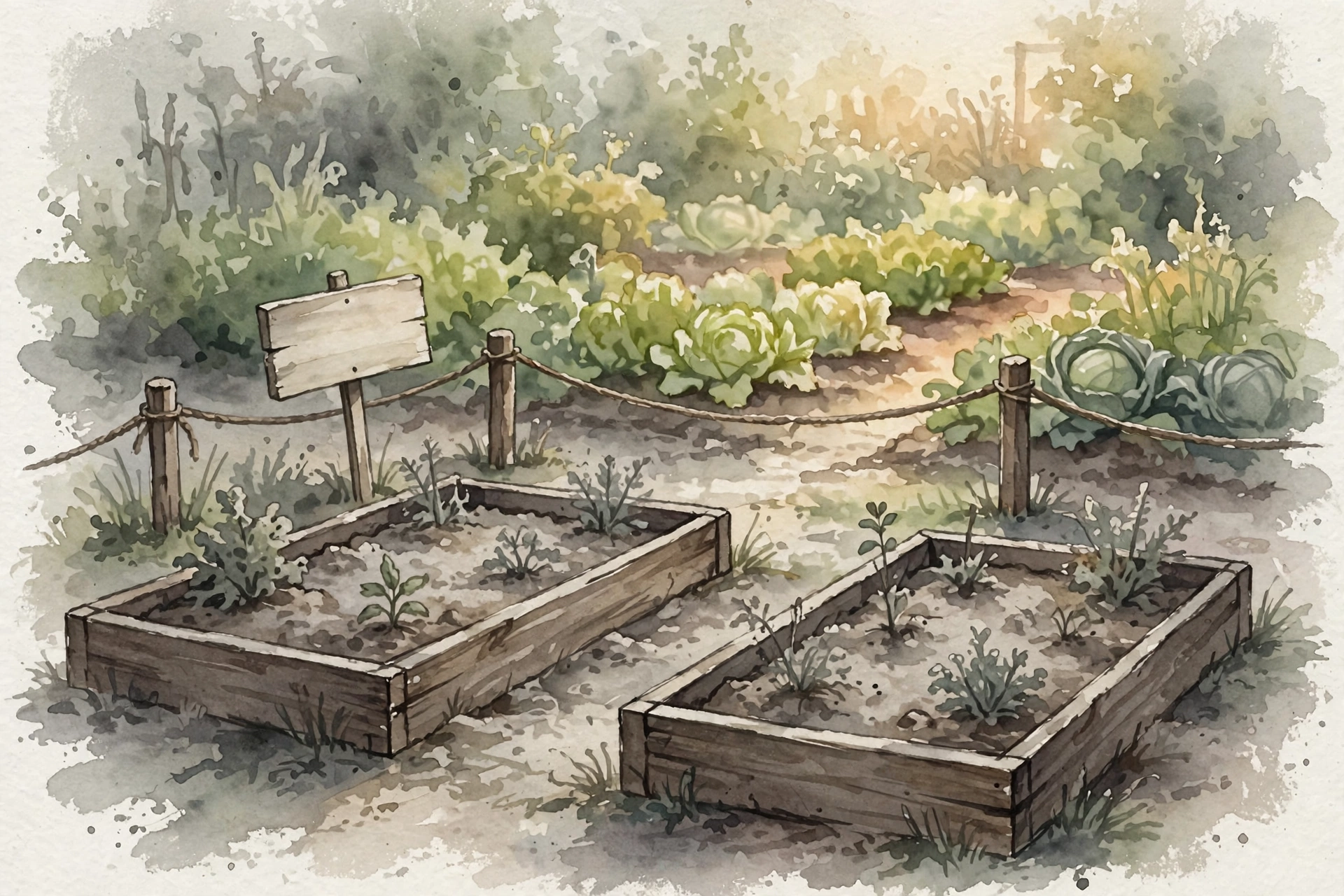 Watercolor painting — the two far beds behind their rope at the shaded end of the garden, sparse and grey-green, with the bright food beds glowing at a distance beyond them