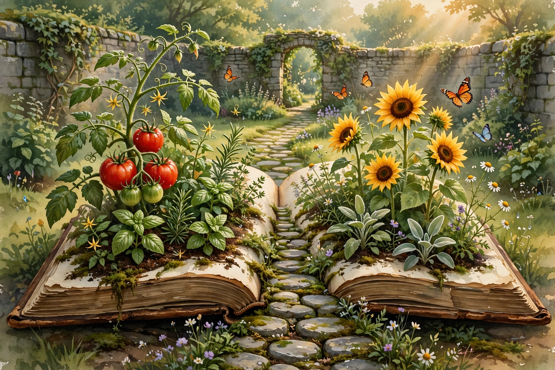 A painted open book with tomatoes, basil and sunflowers growing out of its pages, a stone path running through it into a walled garden