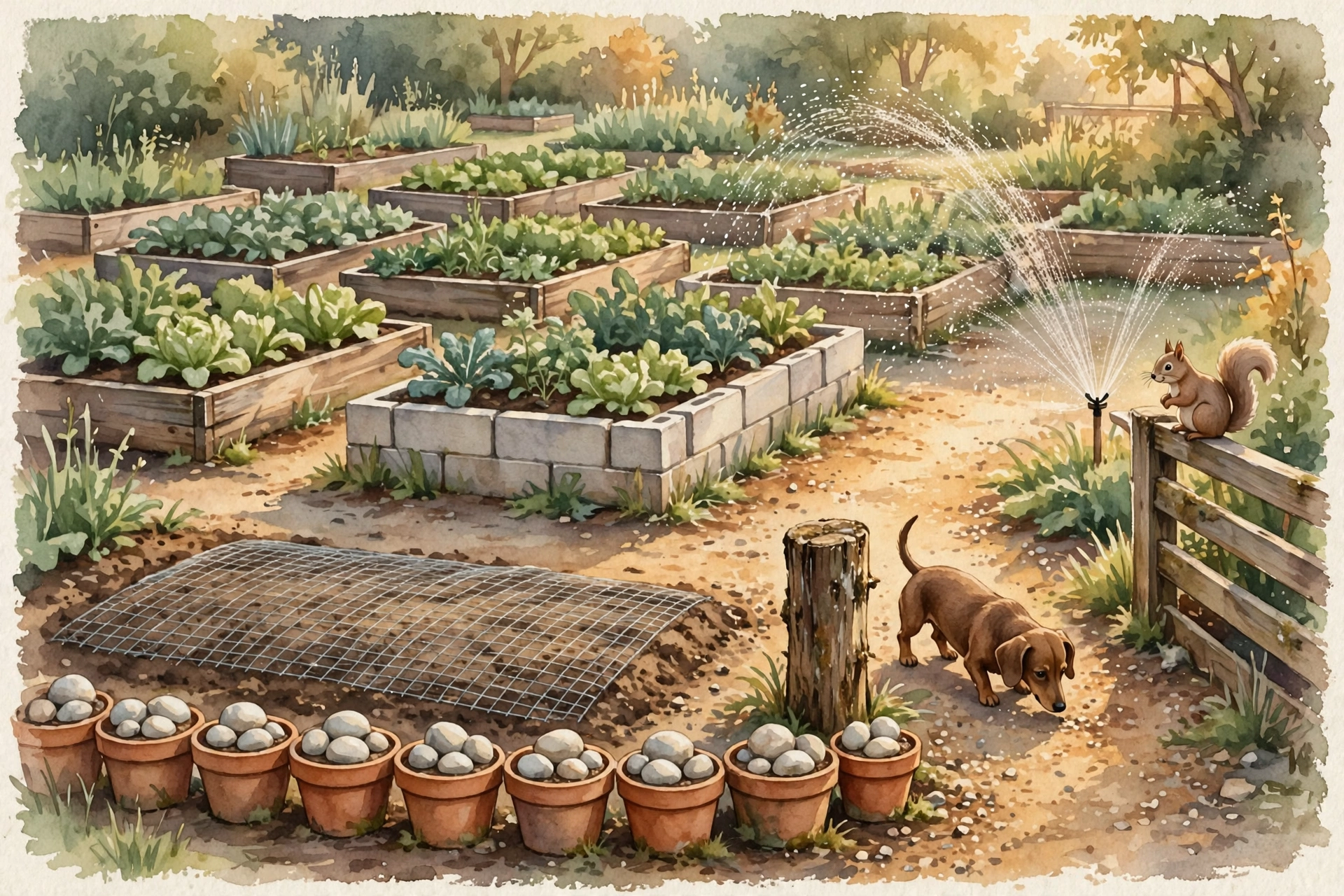 Watercolor painting — the garden’s defended corner: raised beds of wood and cinder block, a fresh sown row under its flat mesh blanket, terracotta pots with stones on their soil, the short log that is the dog’s own post, the small dog himself beside it, a squirrel watching from the fence, and the sprinkler mid-arc