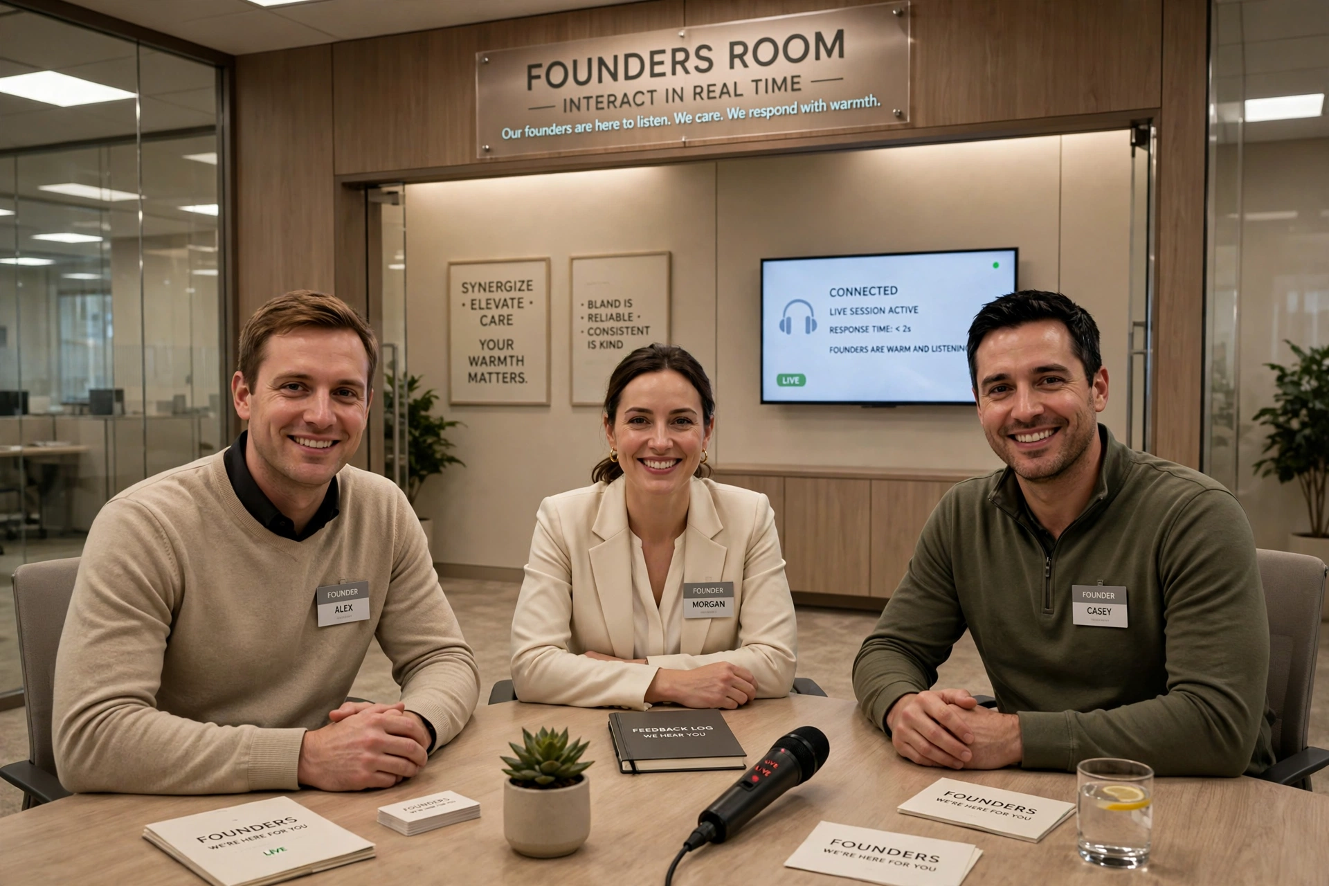 Three corporate founders seated at a conference table in an unnervingly tidy office